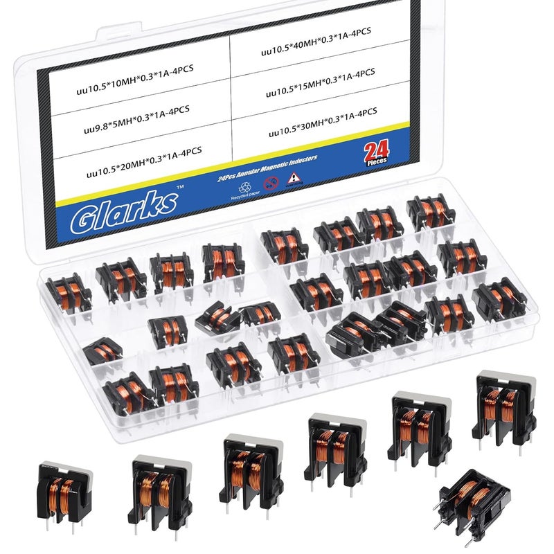 Glarks 24pcs 5/10/15/20/30/40 MH Toroid Magnetic Inductor Kit, Copper Wire Wind Wound Inductance Coil, Inductance Copper Coil for Transformers DIY Circuit Board - Image 1